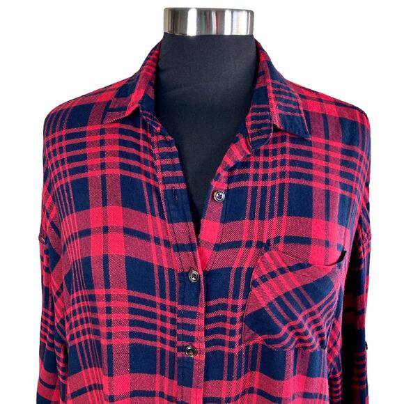 Umgee Red & Black Flannel Shirt Tunic with Fringed Hem Sz MED Oversize Casual - Picture 5 of 9